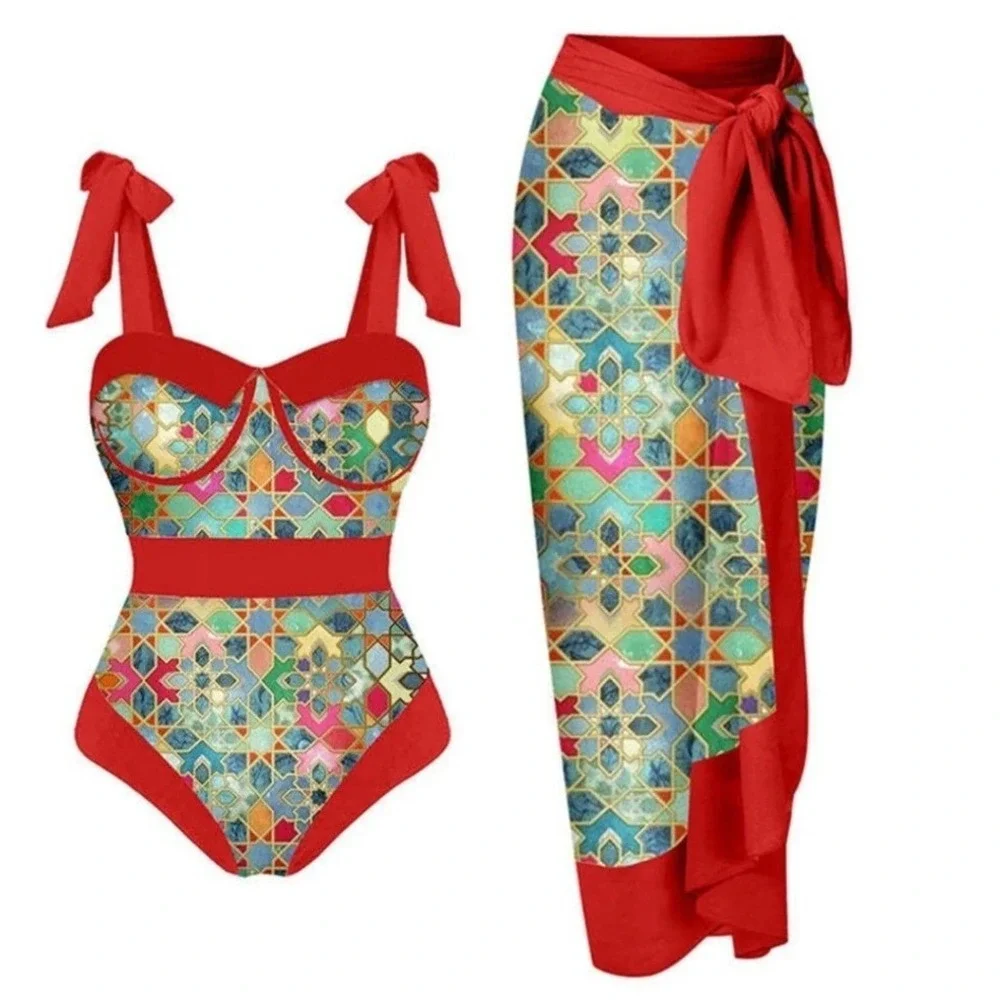 Boho Chic Geometric Mosaic Print Underwire One Piece Swimsuit and Wrap Skirt Set